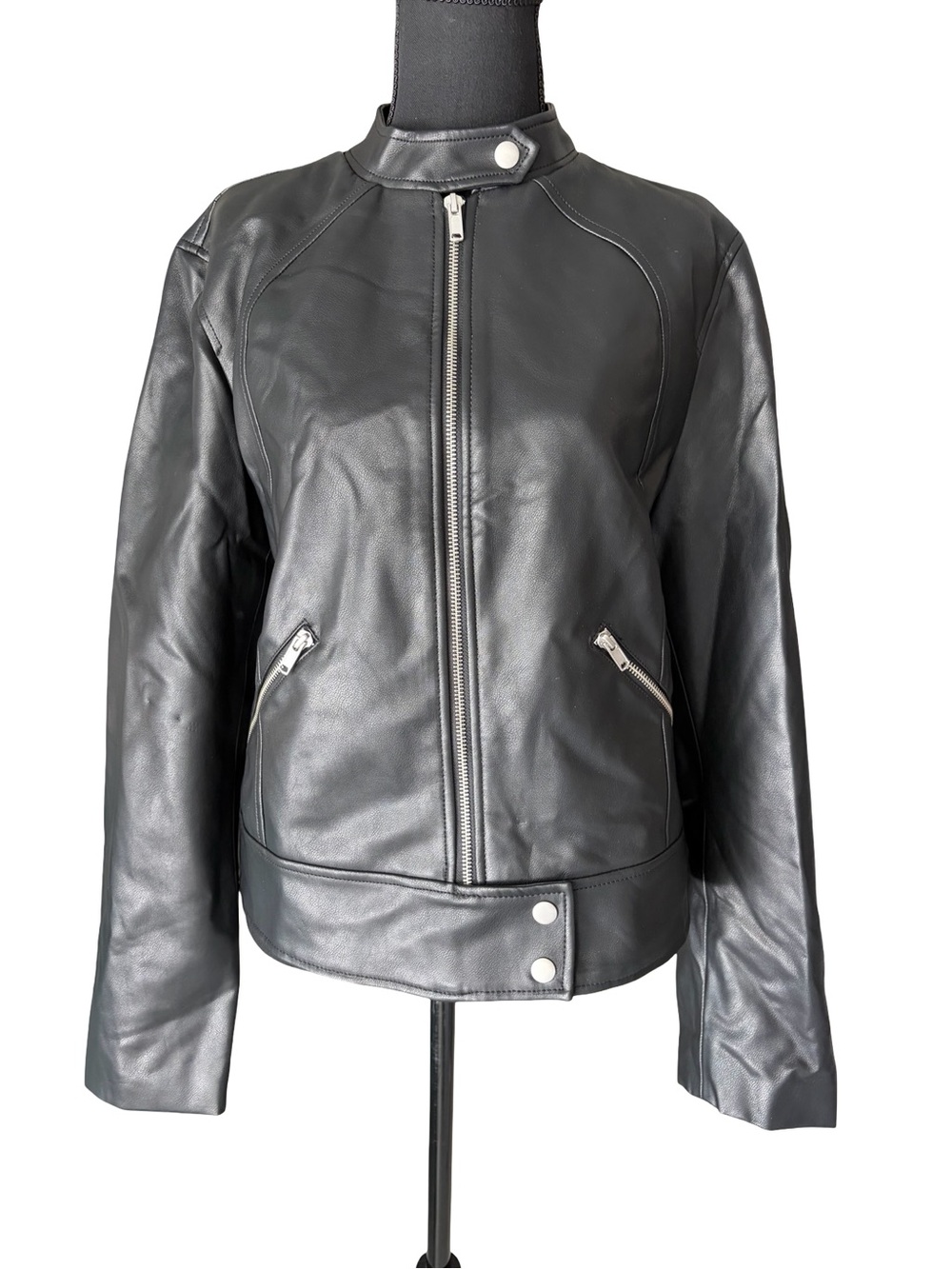 GAP Black Faux Leather Zip-Front Moto Jacket with Snap Collar